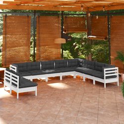 10-tlg. Garten-Lounge-Set mit Kissen Wei Massivholz Kiefer
