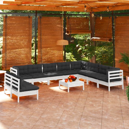 11-tlg. Garten-Lounge-Set mit Kissen Wei Massivholz Kiefer