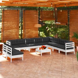11-tlg. Garten-Lounge-Set mit Kissen Wei Massivholz Kiefer