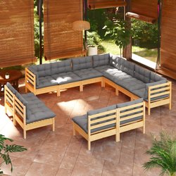 11-tlg. Garten-Lounge-Set mit Grauen Kissen Massivholz...