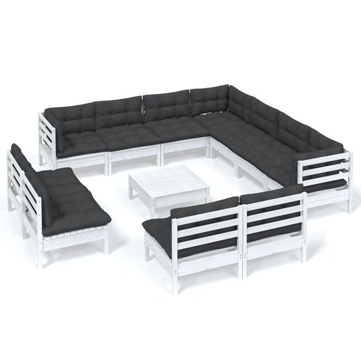 12-tlg. Garten-Lounge-Set mit Kissen Wei Massivholz Kiefer