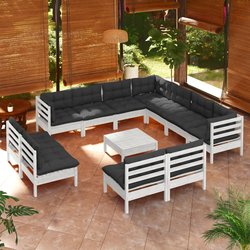 12-tlg. Garten-Lounge-Set mit Kissen Wei Massivholz Kiefer