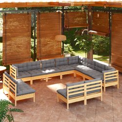 12-tlg. Garten-Lounge-Set mit Grauen Kissen Massivholz...