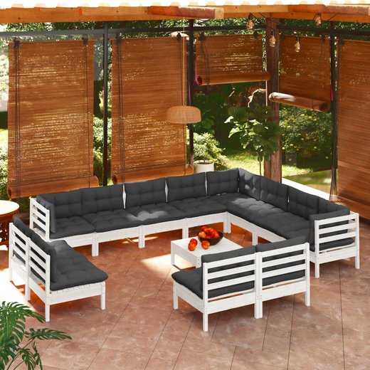 13-tlg. Garten-Lounge-Set mit Kissen Wei Massivholz Kiefer