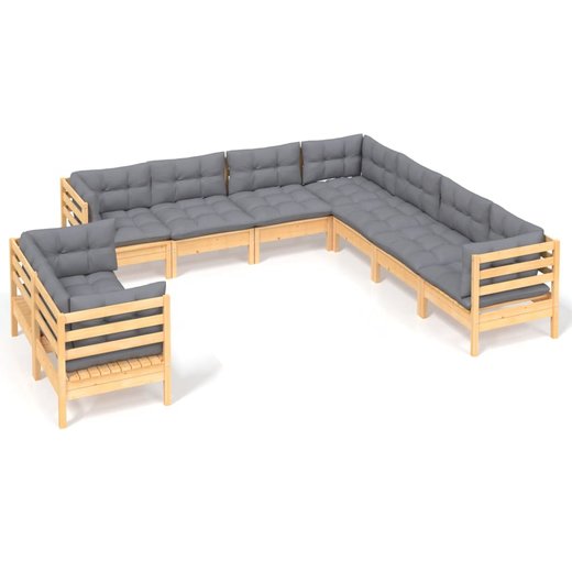 9-tlg. Garten-Lounge-Set mit Grauen Kissen Massivholz Kiefer