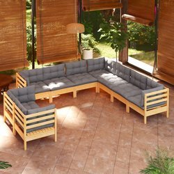 9-tlg. Garten-Lounge-Set mit Grauen Kissen Massivholz Kiefer