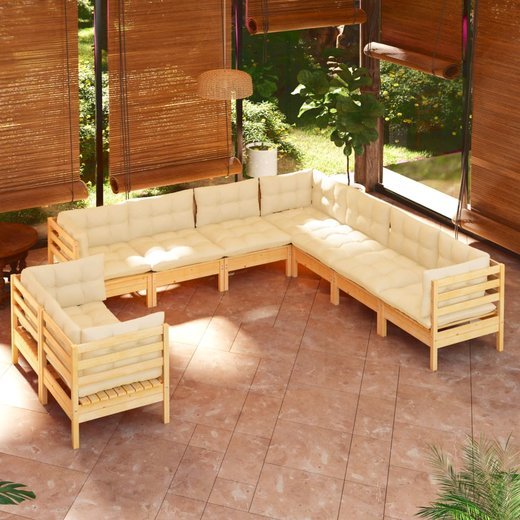 9-tlg. Garten-Lounge-Set mit Creme Kissen Massivholz Kiefer