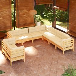 9-tlg. Garten-Lounge-Set mit Creme Kissen Massivholz Kiefer