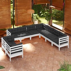 9-tlg. Garten-Lounge-Set mit Kissen Wei Massivholz Kiefer