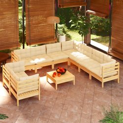 10-tlg. Garten-Lounge-Set mit Creme Kissen Massivholz Kiefer