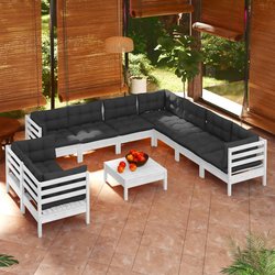 10-tlg. Garten-Lounge-Set mit Kissen Wei Massivholz Kiefer