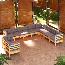 10-tlg. Garten-Lounge-Set mit Grauen Kissen Massivholz...