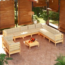 11-tlg. Garten-Lounge-Set mit Creme Kissen Massivholz Kiefer