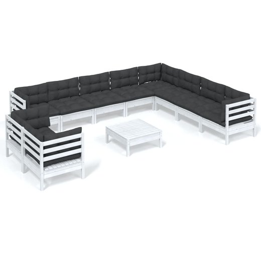 11-tlg. Garten-Lounge-Set mit Kissen Wei Massivholz Kiefer