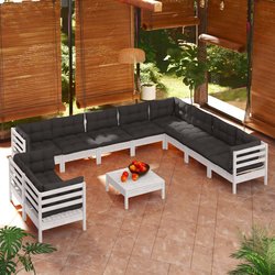 11-tlg. Garten-Lounge-Set mit Kissen Wei Massivholz Kiefer