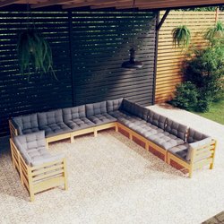 11-tlg. Garten-Lounge-Set mit Grauen Kissen Massivholz...