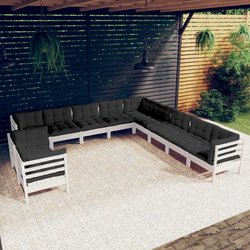 11-tlg. Garten-Lounge-Set mit Kissen Wei Massivholz Kiefer