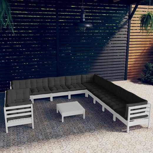 12-tlg. Garten-Lounge-Set mit Kissen Wei Massivholz Kiefer