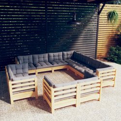 11-tlg. Garten-Lounge-Set mit Grauen Kissen Massivholz...