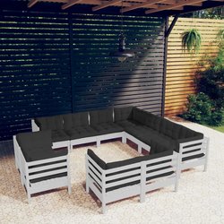11-tlg. Garten-Lounge-Set mit Kissen Wei Massivholz Kiefer
