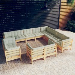 12-tlg. Garten-Lounge-Set mit Creme Kissen Massivholz Kiefer