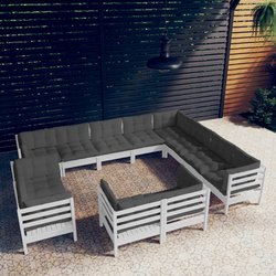 12-tlg. Garten-Lounge-Set mit Kissen Wei Massivholz Kiefer