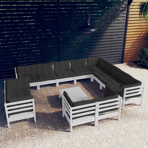 13-tlg. Garten-Lounge-Set mit Kissen Wei Massivholz Kiefer