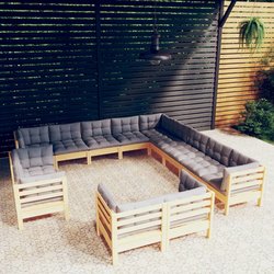 13-tlg. Garten-Lounge-Set mit Grauen Kissen Massivholz...