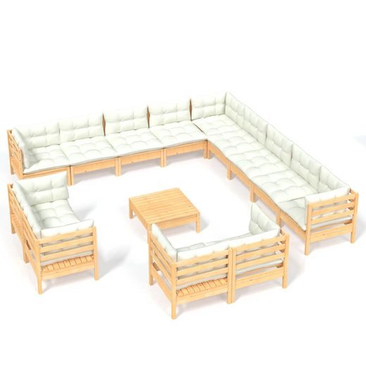 14-tlg. Garten-Lounge-Set mit Creme Kissen Massivholz Kiefer