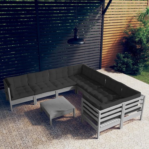 9-tlg. Garten-Lounge-Set mit Kissen Grau Kiefernholz