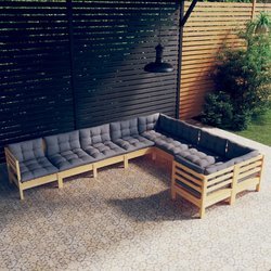 9-tlg. Garten-Lounge-Set mit Grauen Kissen Kiefernholz