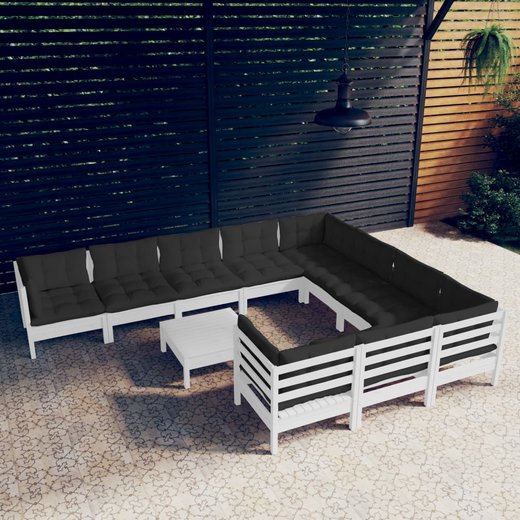 11-tlg. Garten-Lounge-Set mit Kissen Wei Kiefernholz