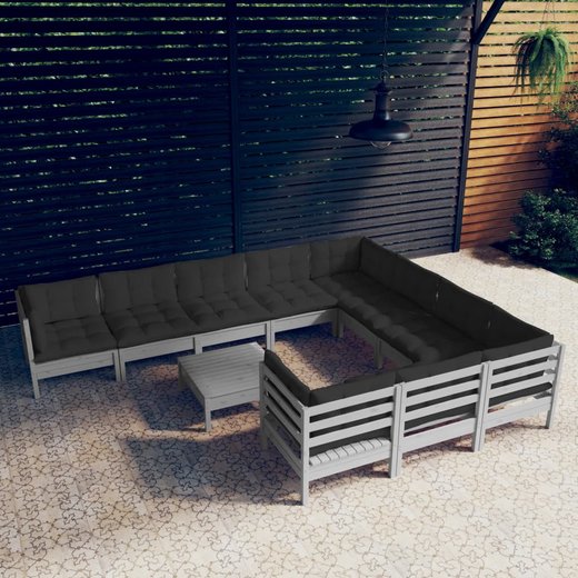 11-tlg. Garten-Lounge-Set mit Kissen Grau Kiefernholz