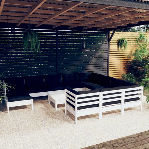 12-tlg. Garten-Lounge-Set mit Kissen Wei Kiefernholz