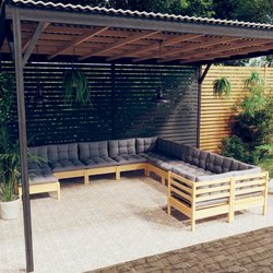 11-tlg. Garten-Lounge-Set mit Grauen Kissen Kiefernholz