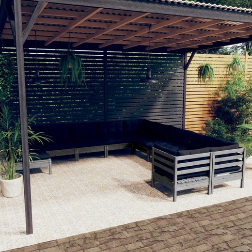 11-tlg. Garten-Lounge-Set mit Kissen Grau Kiefernholz