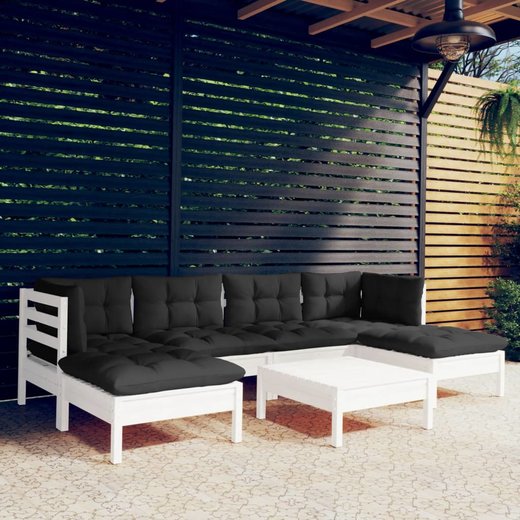 7-tlg. Garten-Lounge-Set mit Kissen Wei Kiefernholz