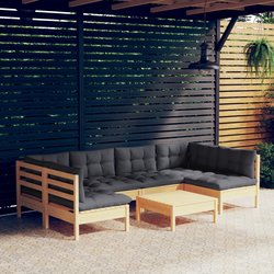 7-tlg. Garten-Lounge-Set mit Grauen Kissen Kiefer Massivholz