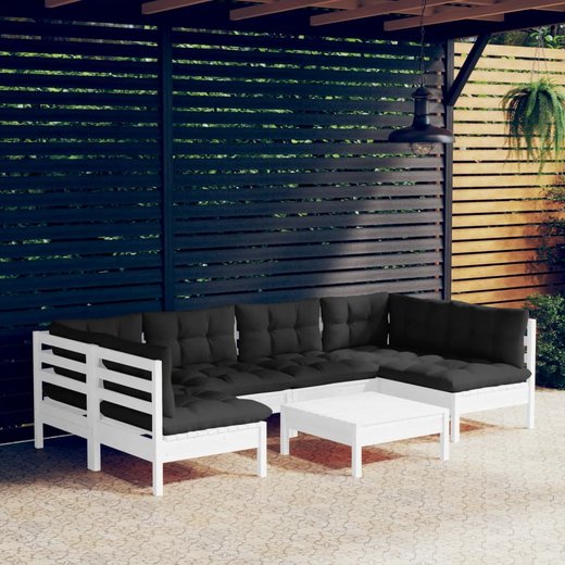 7-tlg. Garten-Lounge-Set mit Kissen Wei Kiefer Massivholz