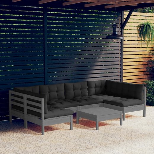 7-tlg. Garten-Lounge-Set mit Kissen Grau Kiefer Massivholz