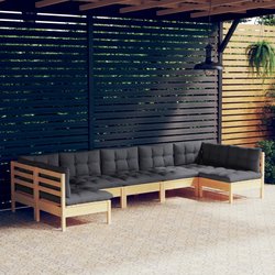 7-tlg. Garten-Lounge-Set mit Grauen Kissen Kiefer Massivholz