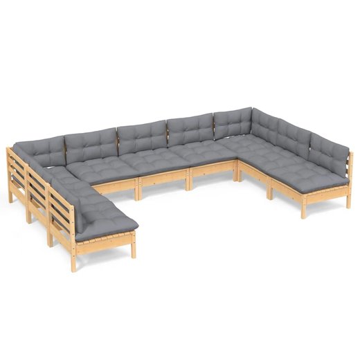 9-tlg. Garten-Lounge-Set mit Grauen Kissen Kiefer Massivholz