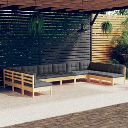 10-tlg. Garten-Lounge-Set mit Grauen Kissen Kiefer...