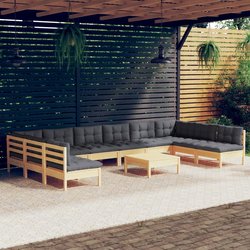 11-tlg. Garten-Lounge-Set mit Grauen Kissen Kiefer...