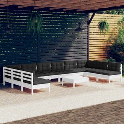 11-tlg. Garten-Lounge-Set mit Kissen Wei Kiefer Massivholz