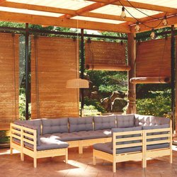 9-tlg. Garten-Lounge-Set mit Grauen Kissen Kiefer Massivholz