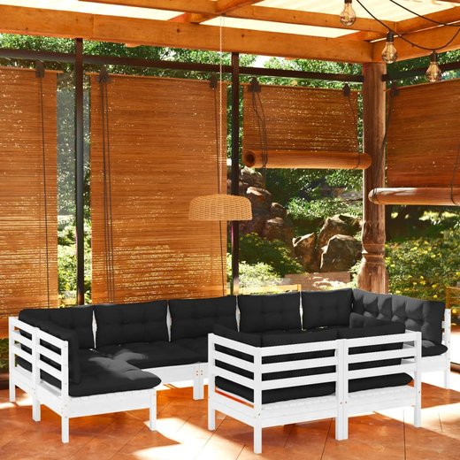 9-tlg. Garten-Lounge-Set mit Kissen Wei Kiefer Massivholz