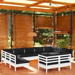 11-tlg. Garten-Lounge-Set mit Kissen Wei Kiefer Massivholz