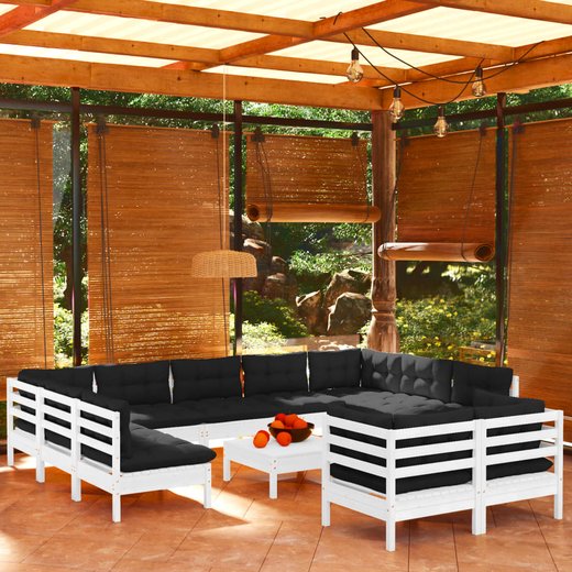 12-tlg. Garten-Lounge-Set mit Kissen Wei Kiefer Massivholz