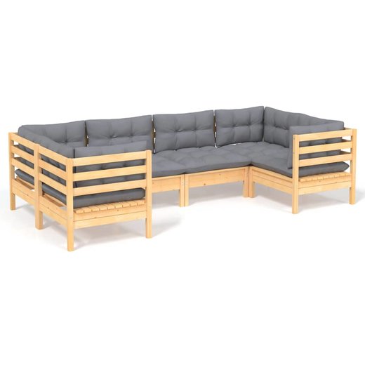 6-tlg. Garten-Lounge-Set mit Grauen Kissen Kiefernholz